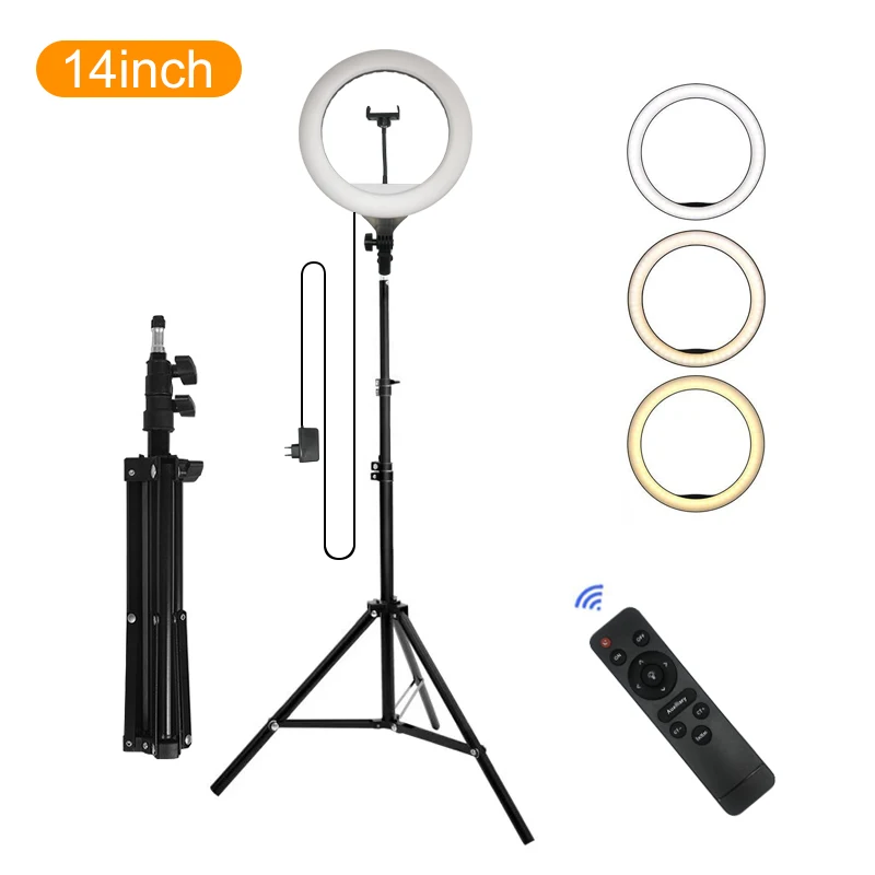 

Hot sale 14 inch 3000K-6500K three-color adjustable live selfie light makeup photography with tripod mobile phone holder