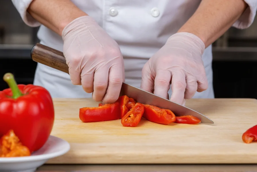 Chef wearing gloves carefully slicing red mad pepper on cutting board with safety equipment visible in kitchen setting