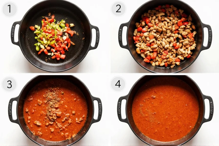 Step-by-step preparation of vegetarian chili showing sautéed vegetables, toasted spices, and simmering pot