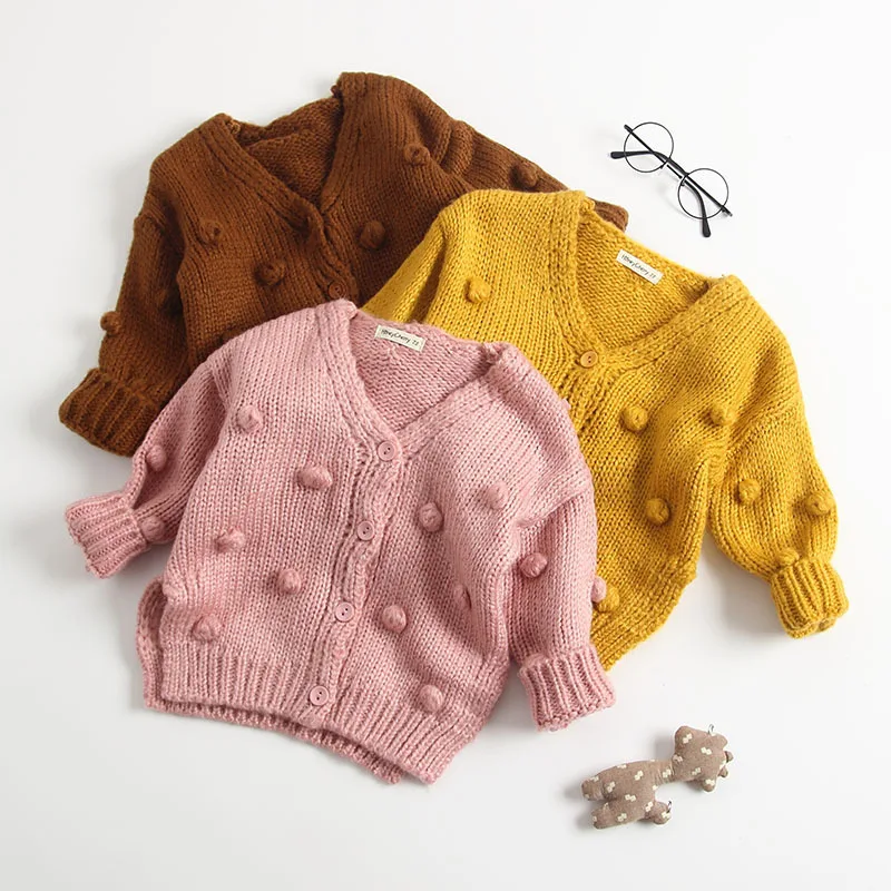 

Baby Autumn Winter Clothing Baby Girls Knitted Cardigan Coat Sweater Top Handmade Bubble Ball Solid Children Clothing, Plaid