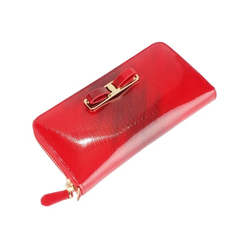 

Custom luxury Red Patent bow genuine leather long wallet for women