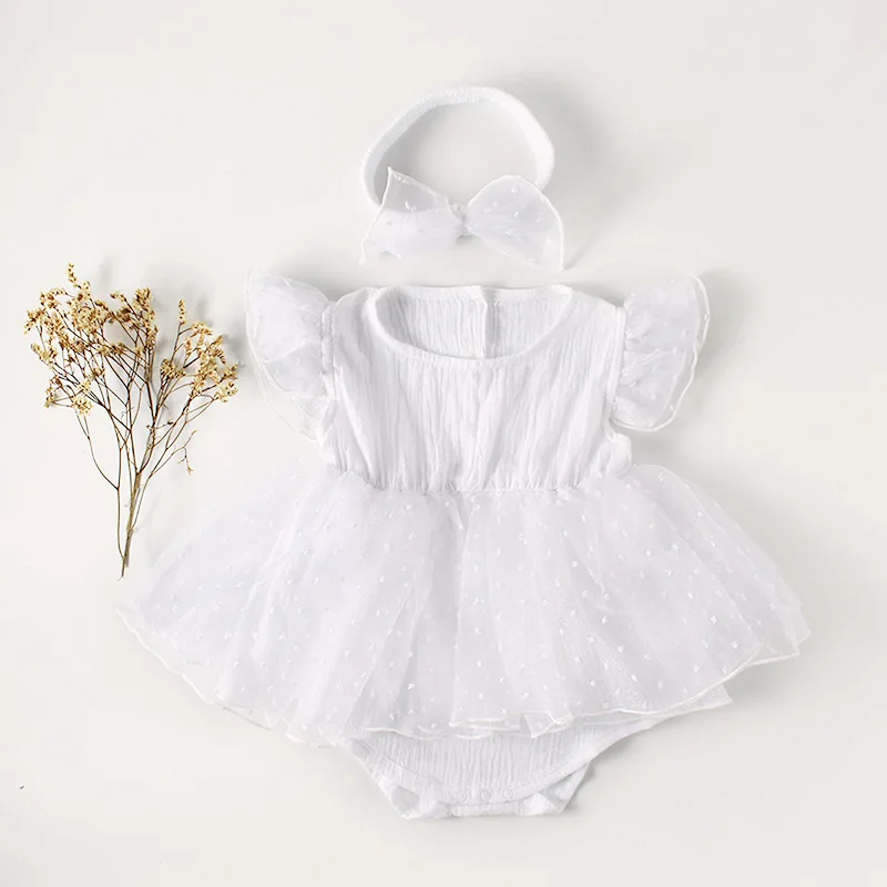 

Wholesales Baby Girl Princess White Lace Dresses Hot Sales Kid Girls Bows Headband Tiered Layered Dot Dress for Toddler Girl