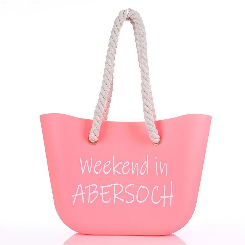 

Customized Logo Women Beach Waterproof Tote Bags Summer Rubber Totes Large Fashion Eva Plastic Silicone Bag With Holes, Blue/pink