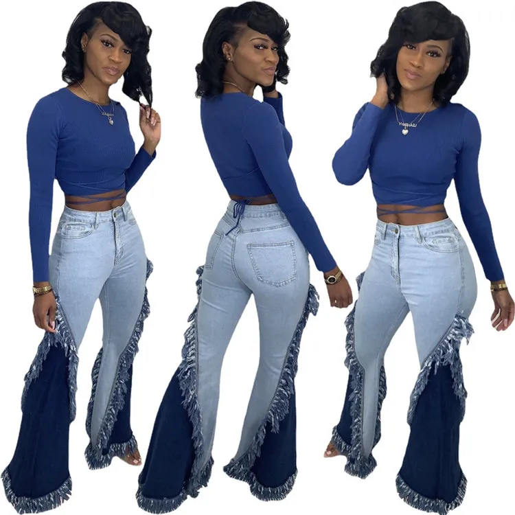 

2021 Streetwear Tassel Jeans For Women Casual High Waist Patchwork Flared Pants Ripped Denim Pants Trousers Female