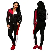 

2019 autumn ladies sexy stitching casual zipper front drawstring set hooded long sleeve suit