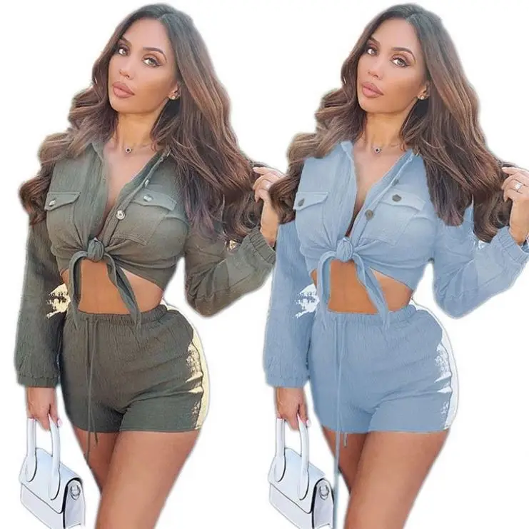 

2021 Spring Women Clothing Fashion Long Sleeve Sexy 2 Piece Blouse Top Short Pants Outfit Two Piece Set