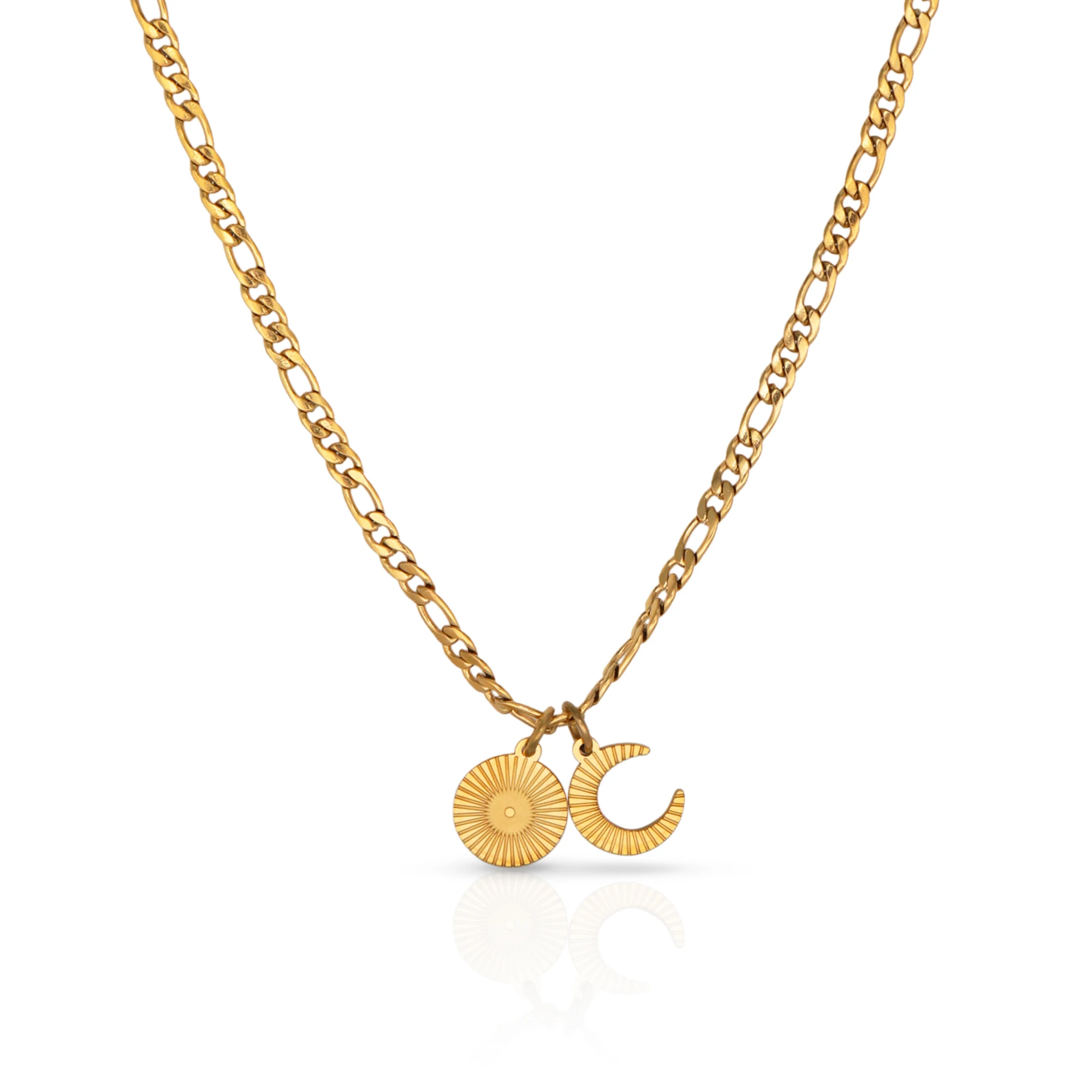 

Chris April in stock 316L stainless steel PVD gold plated water resistant sun and moon pendant necklace with figaro chain