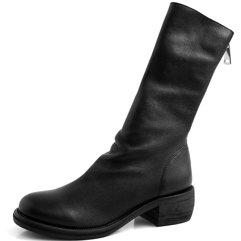 

Fashion Red Mid-Calf Boots For Women Back Zipper Genuine Leather Thick Heels Shoes For Women Wedding Party Winter Boots