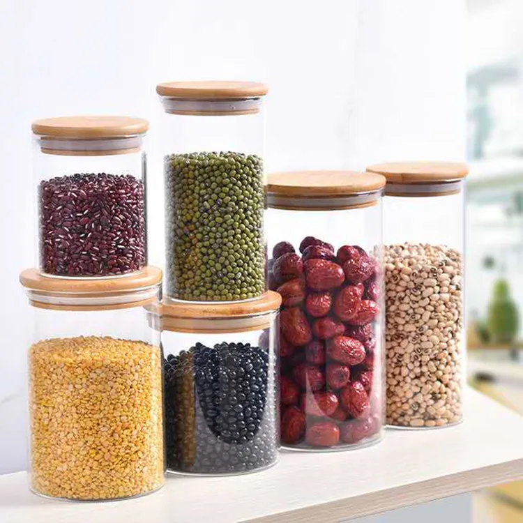 

Hot Sell Convenient High Borosilicate Airtight Food Storage Kitchen Glass Jars With Bamboo Lids, Transparent