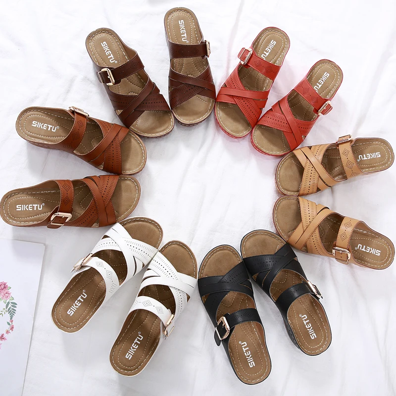 

New Plus Size Women Fashion Soft Flat Sandals Summer Leather Buckle Casual Slippers Shoes