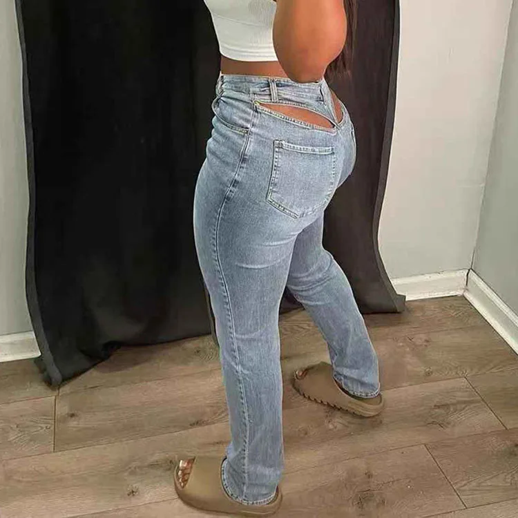 

Latest Fashionable Straight Leg Cutout Women Jeans Pants Low Waist Ladies Denim Trousers, Light blue