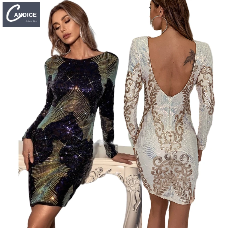 

Candice Haute couture 2021 luxury long sleeve sequin formal prom plus size formal elegant women's short prom dresses 2021