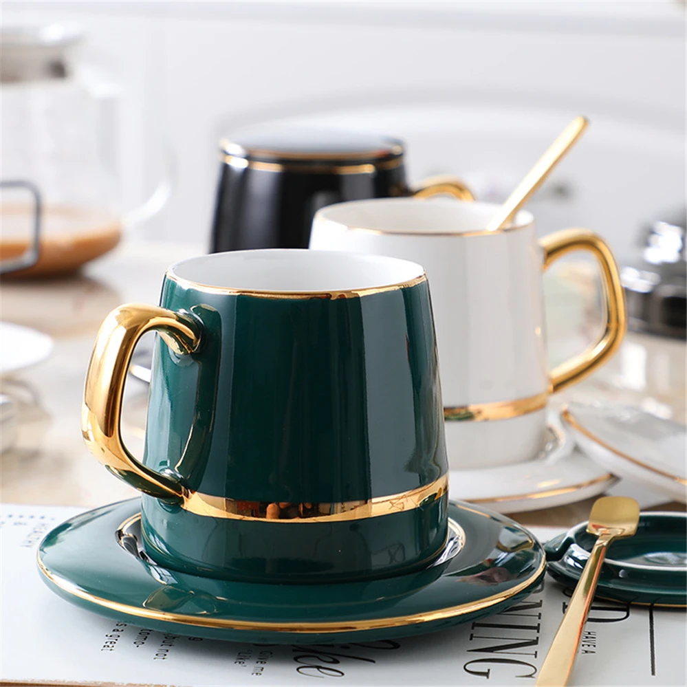 

Coffee Cup European Small Luxury Simple Dish Nordic TeaCcups Gold Line Stroke Ceramic Water Cup Household Afternoon Tea Sets