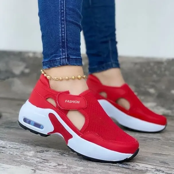 

Women Fashion Vulcanized Sneakers air cushion Platform Solid Color Flats Shoes Casual Breathable Wedges Ladies Walking Sneakers, Red, black, pink