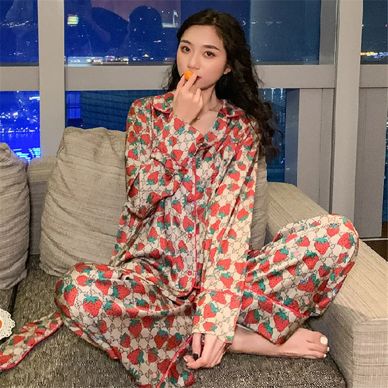 

Korean Night Suit Clothes Pijama Invierno Daster Lounge Home Casual Wear Pyjama Satin Silk Pajama two Piece Set Women Sleepwear