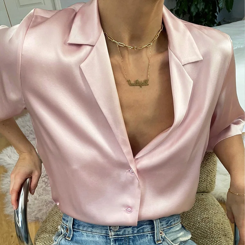 

2020 summer women's shirt INS solid ladies casual shirt top woman clothing vintage short sleeves satin shirt, White/oem