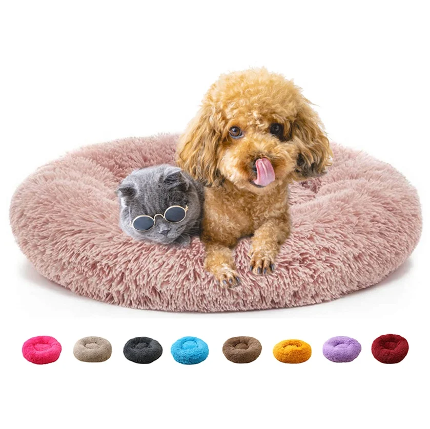 

OEM Faux Fur Comfortable Washable Soft Donut Pet Dog Cat Bed For Large Dog Warm Round Custom Calming Fluffy Plush Pet Dog Bed