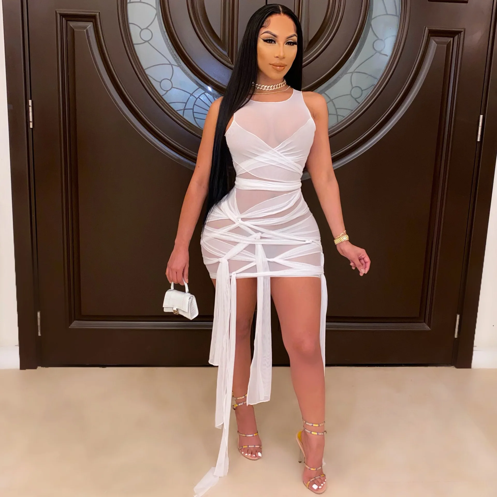 

Casual 4XL Sexy Sleeveless Bandage Night Club Bodycon Tie Lace Up Mini Summer Gauze Dresses Plus Size Dress For Women, White,khaki,red,black,pink,yellow,orange,red wine,purple,gray...