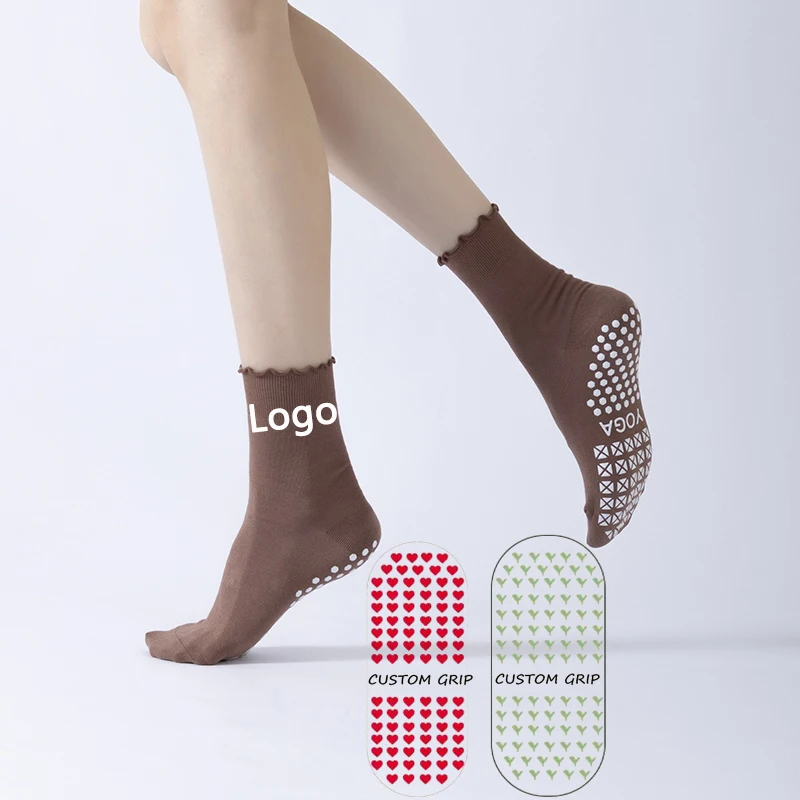 Morandi Colors Custom Logo Knitted Pilates Socks for Adults Non-slip Crew Yoga & Dance Socks Breathable Frill Ruffles for Spring