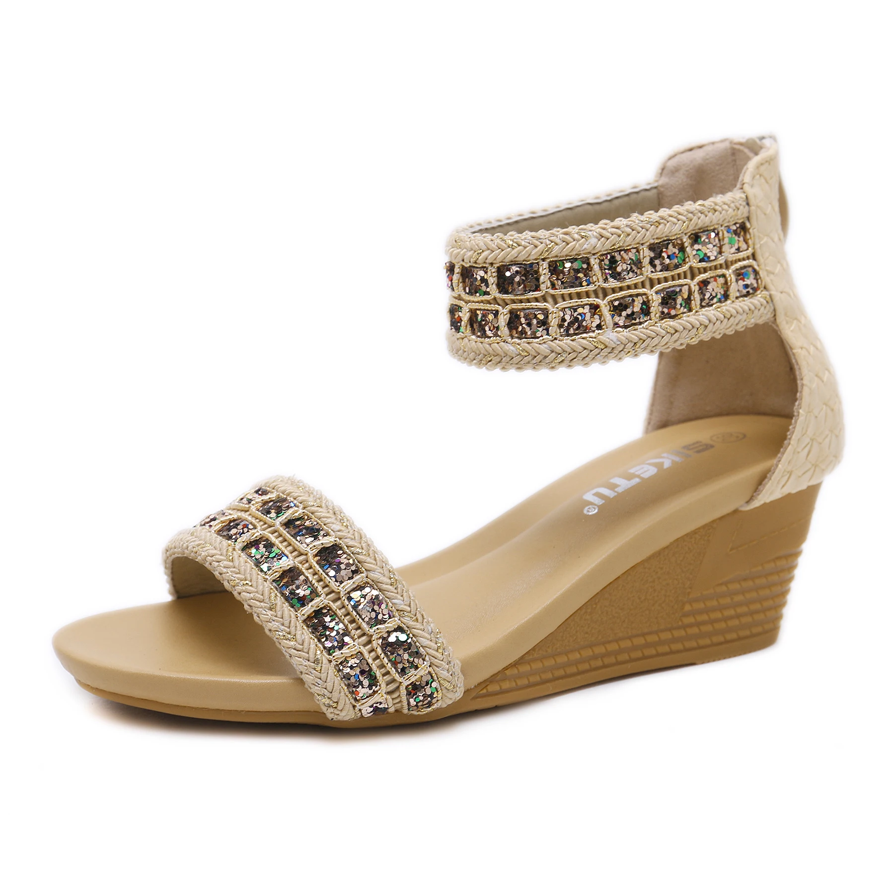 

35-44 Fashion Women Sandals Summer Bohemia Shoes Wedges Sequins Middle Heel Sandals shoes womens flats diamond sandals