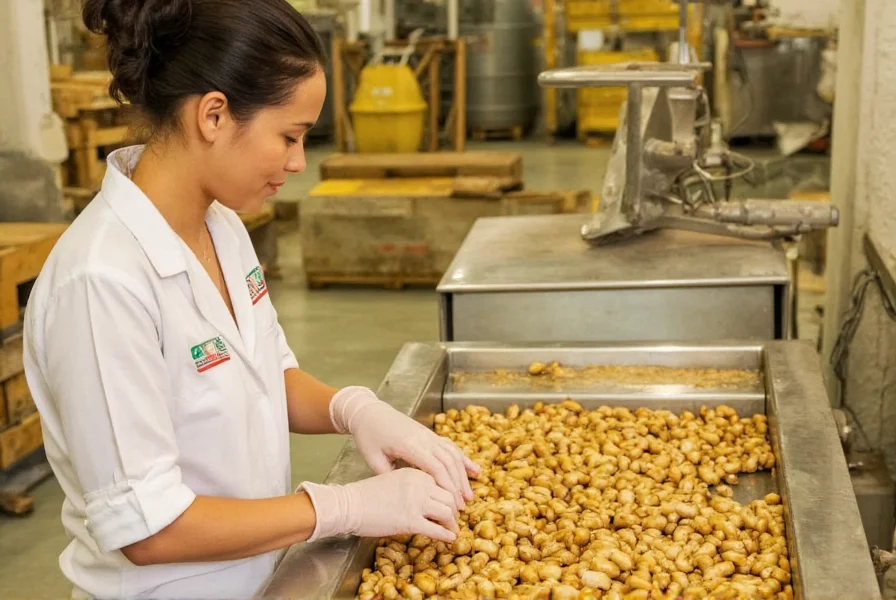 Thai ginger processing facility showing workers sorting fresh ginger rhizomes on conveyor belts