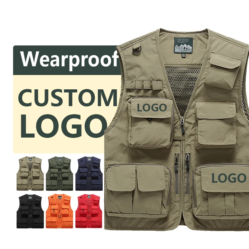 

custom print logo men work cargo photographer black mesh utility vest
