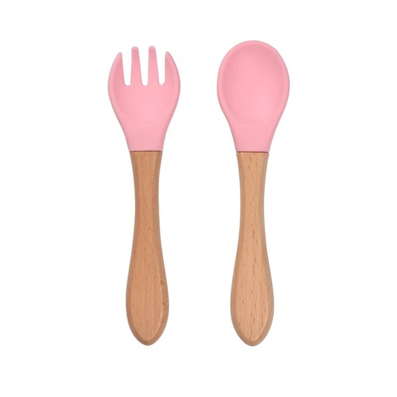 

Non-toxic Wood Handle Baby Silicone Spoon And Fork Set, 10 colors/customize color