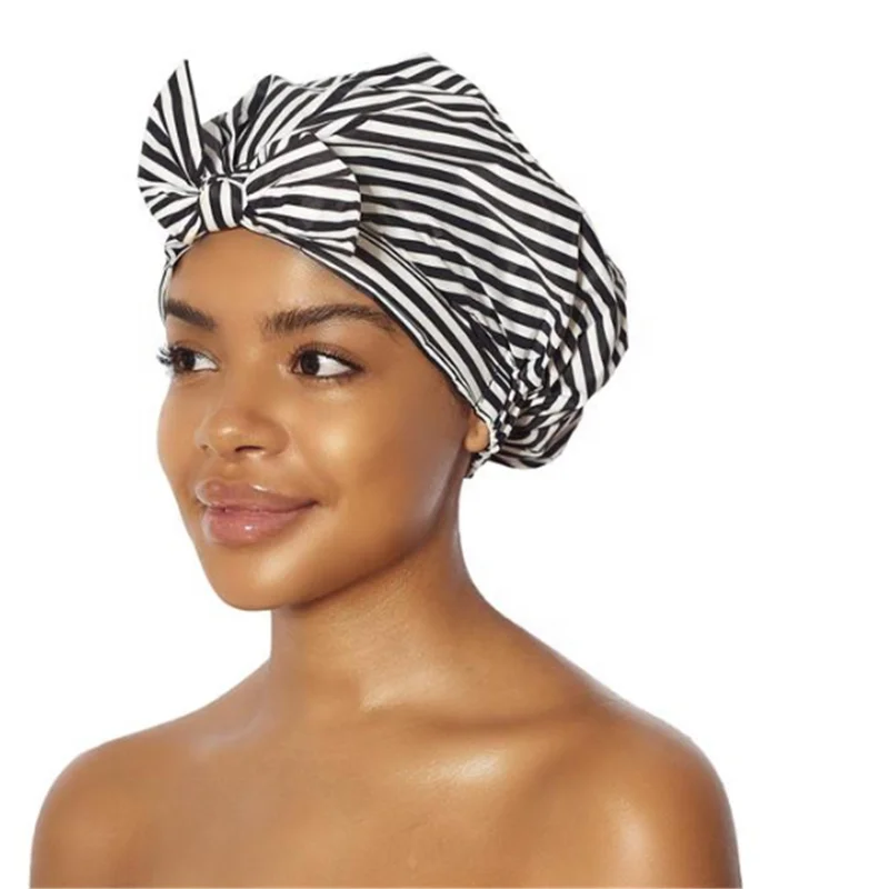 

Nylon New Style Black White Stripe Shower Hat Bowknot Waterproofing Bathing Hat Eco-Friendly Bath Hat