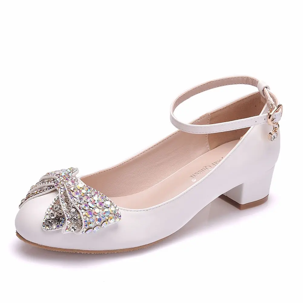 

3cm Square Heel Thick Heel Round Toe Plus Size Low Heel White rhinestone Bowtie Pumps Shoes Women Bridal Wedding Shoes