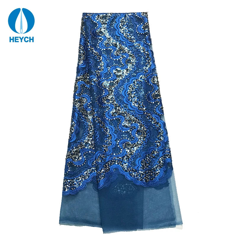 

New Design Royalblue African Textiles Low Moq And Cheap Price Wavy Sequined Net Embroidered Tulle Lace Fabric, 8 colors or customized