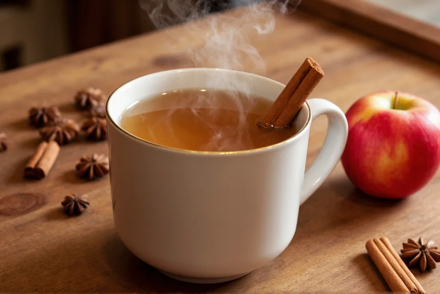 Steaming mug of cinnamon apple spice tea with cinnamon stick garnish on wooden table