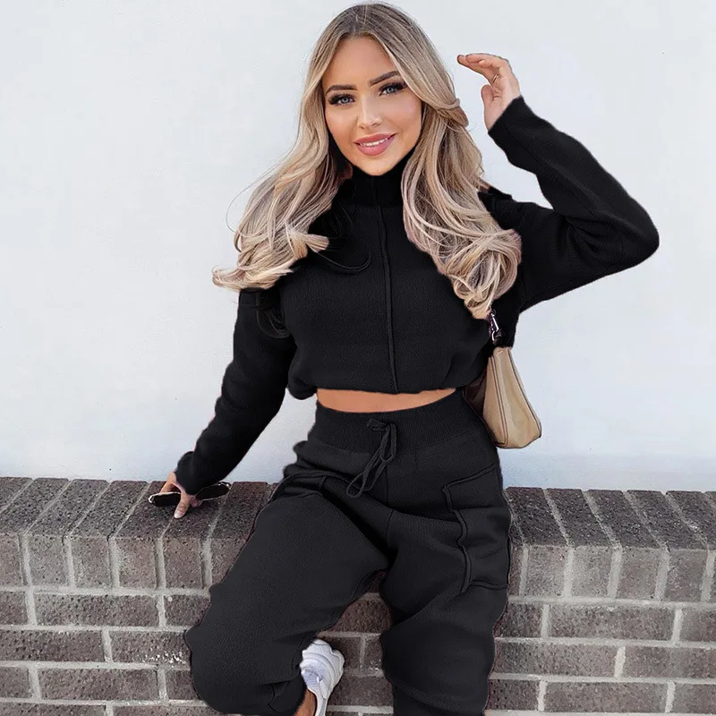 

2021 Women Two Piece Tracksuit Set Turtleneck Crop Sweatshirt and Patchwork Sweatpant Homewear Leisure Solid Casual Outfit