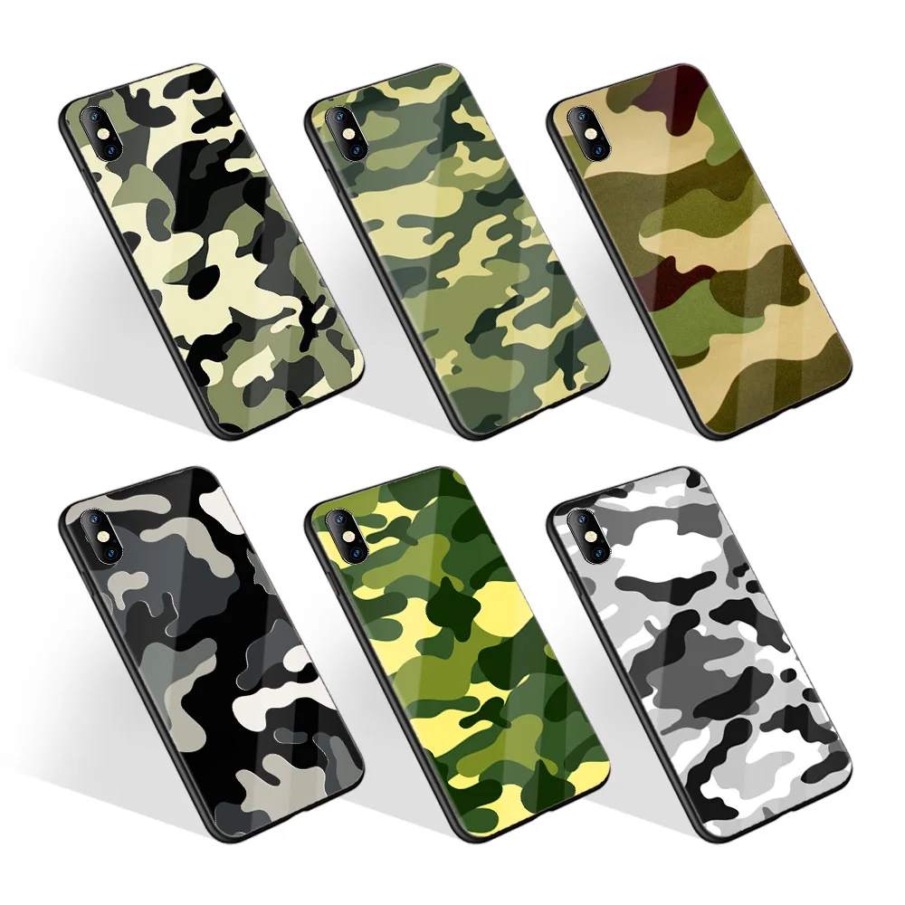 

Fashion Camo Camouflage Pattern Tempered Glass Phone Case For iPhone 12 Pro Max Designer Men Case, Black