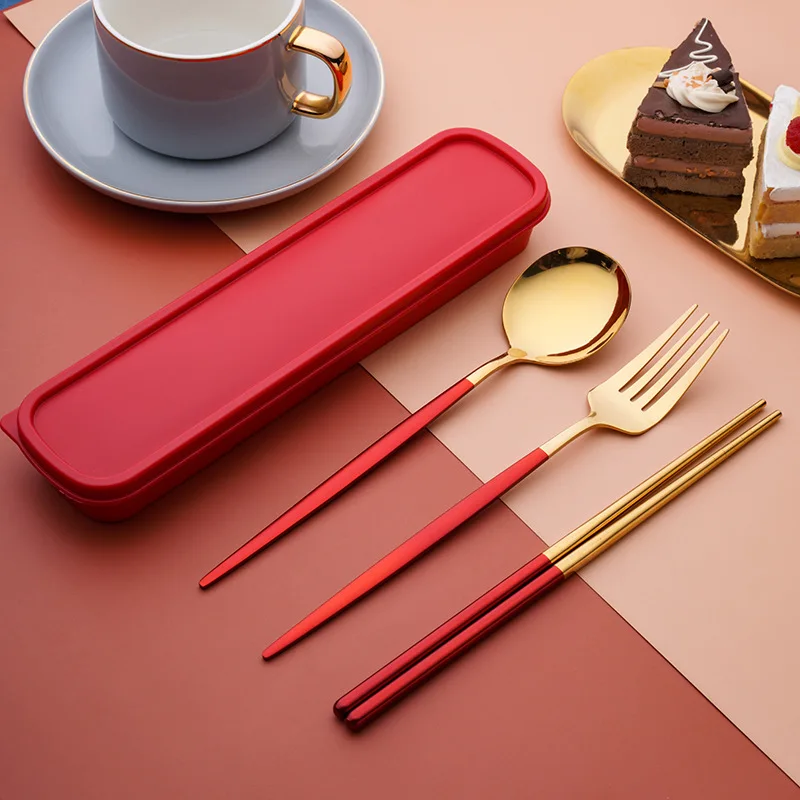 

Korean Style Reusable Gold Cutlery Set besteck Color Handle Portable cutlery Travel Camping set spoon fork chopstick set, As shown or customized color