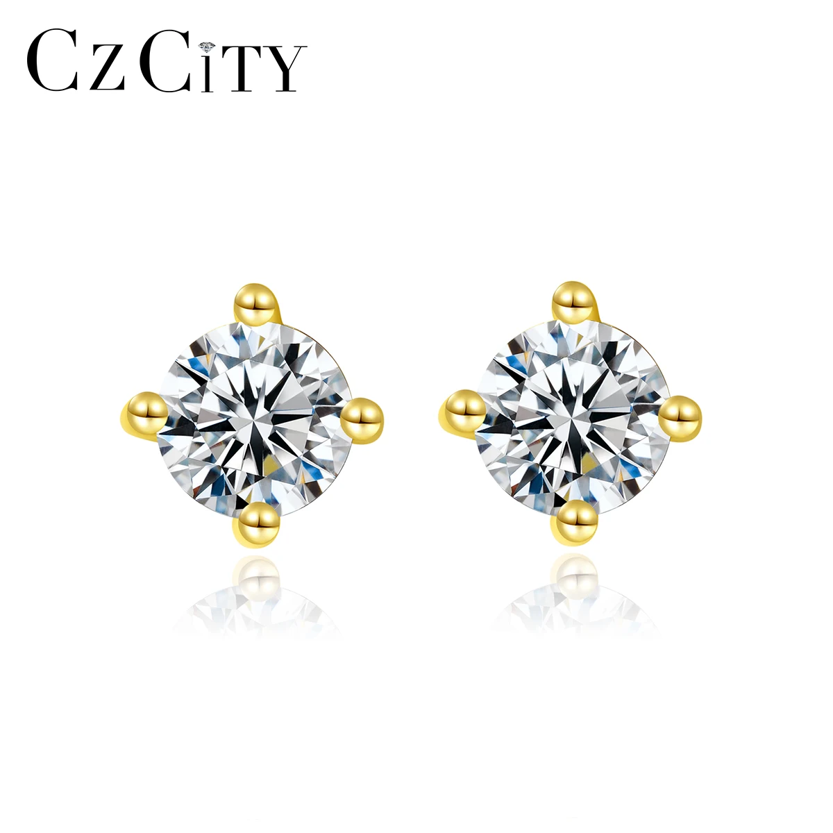 

CZCITY Fashion Gold Small Earring Cubic Zirconia 14K Gold Plated Silver 925 Sterling CZ Stone Woman Stud Earring