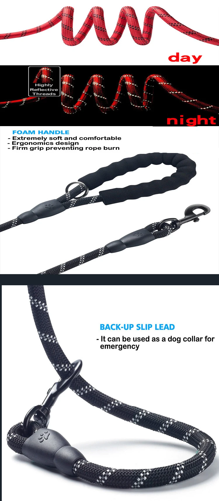 Upgraded Version Strong Climbing Reflective Nylon Rope Pet Dog Leash