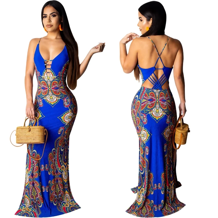 

Wholesale African Clothing Non-slip Dress Printed V-Neck Hollow Long Dress