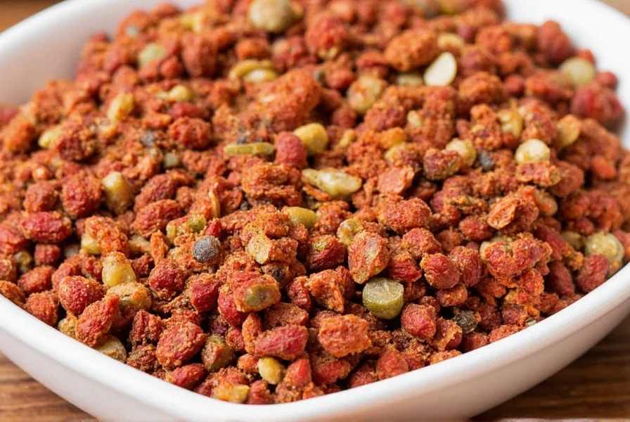 Close-up of peprica being sprinkled over a finished dish