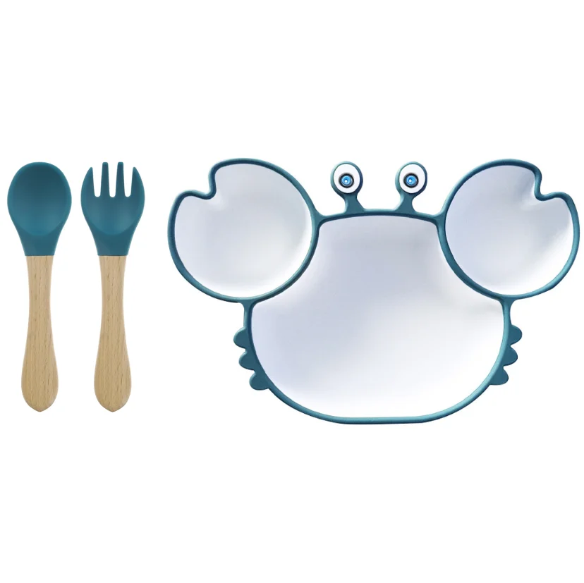 

Silicone Baby Feeding Set Bowl Spoon and Fork Kids Tableware Crab Infant Self Feeding Bowl With Suctioion Set