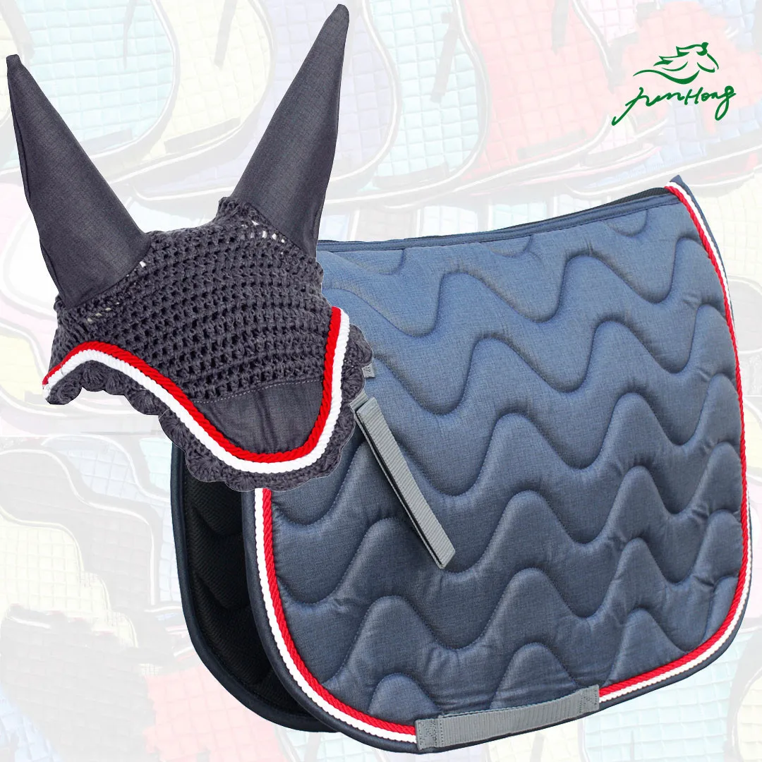 

2021 New arrival Denim/Red Wave Saddle Pad & Fly Veil Matchy Set, Denim/red and customized