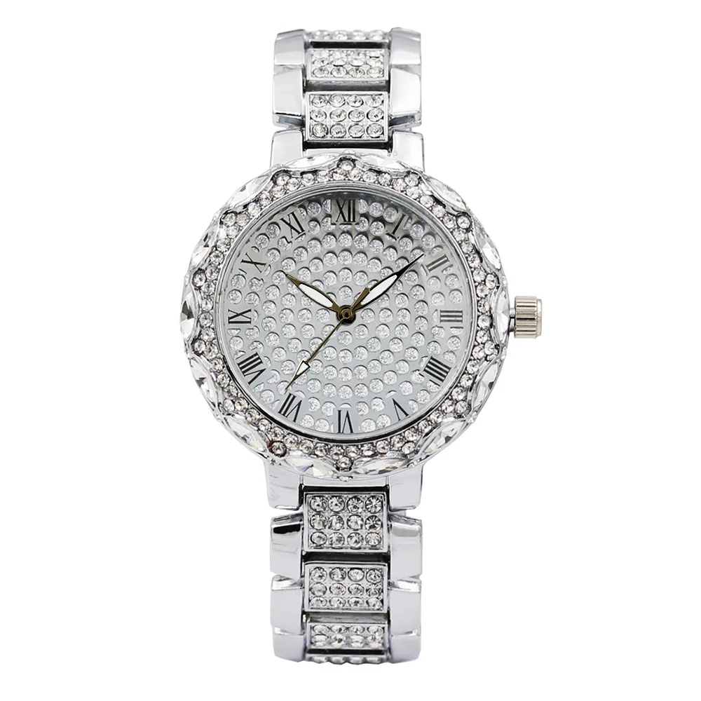 

Factory direct sale new lace big diamond Roman scale steel band ladies watch, As pic