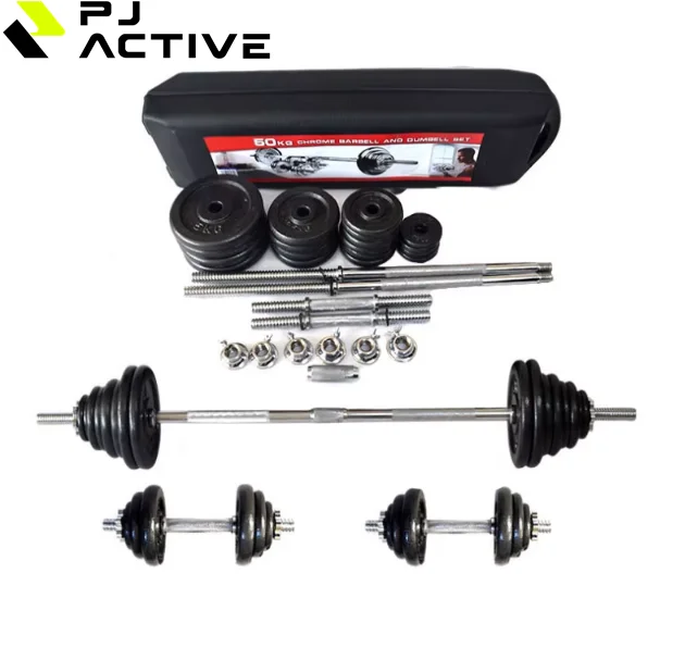 PINJIAN Custom Logo 20kg 50kg Cross Fit Gym Equipment Cast Iron Multi Weight Adjustable Barbell Chrome Dumbbell Set 50kg