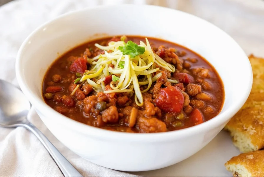 Finished bowl of Ree Drummond chili served in white ceramic bowl with toppings