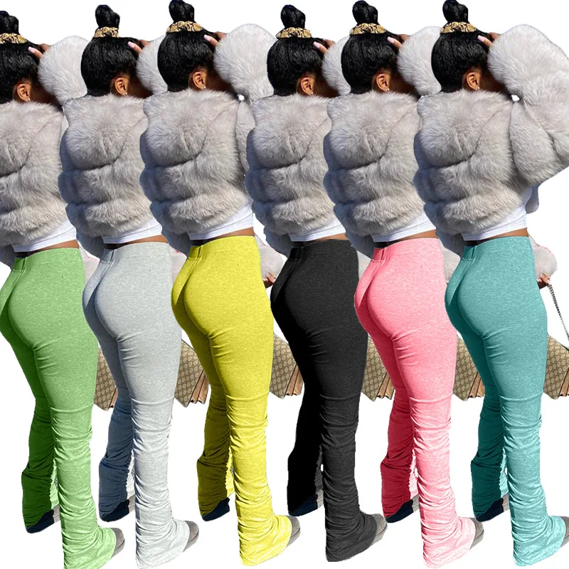 

Plus size solid color sweat jogger pants casual high waist elastic cottonFlared Pants women stacked pants, White, yellow, gray, green, black, pink, blue