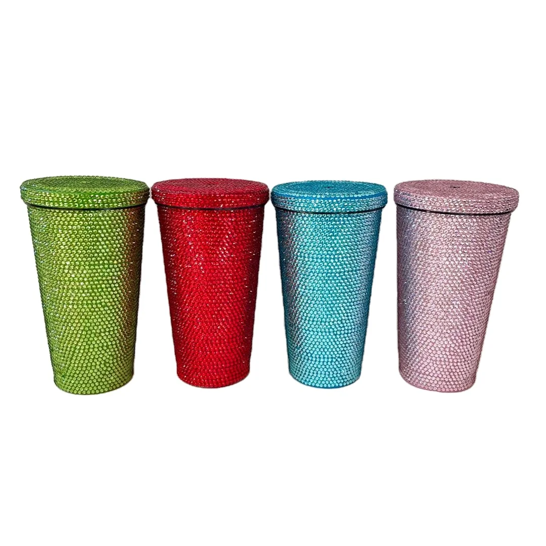 

OEM customer design bling water bottle rhinestone gem colored beverage cup bottle with straw blinged cups