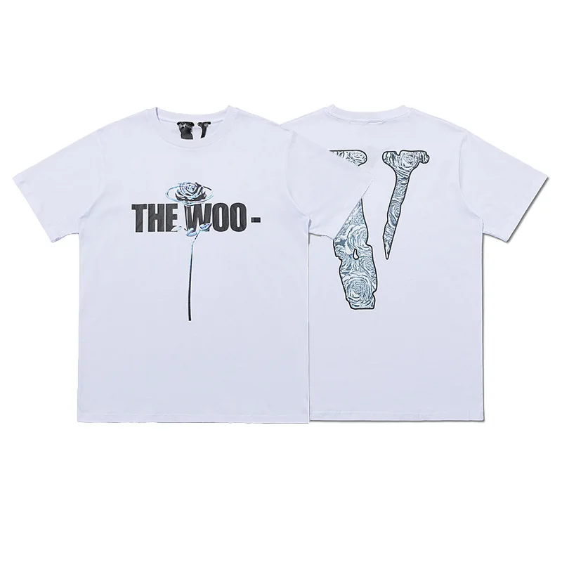 

POP SMOKE V LONE Shirt THE WOO Rose Printing Big V Men's and Women's Short Sleeved Vlones Shirts, White&black