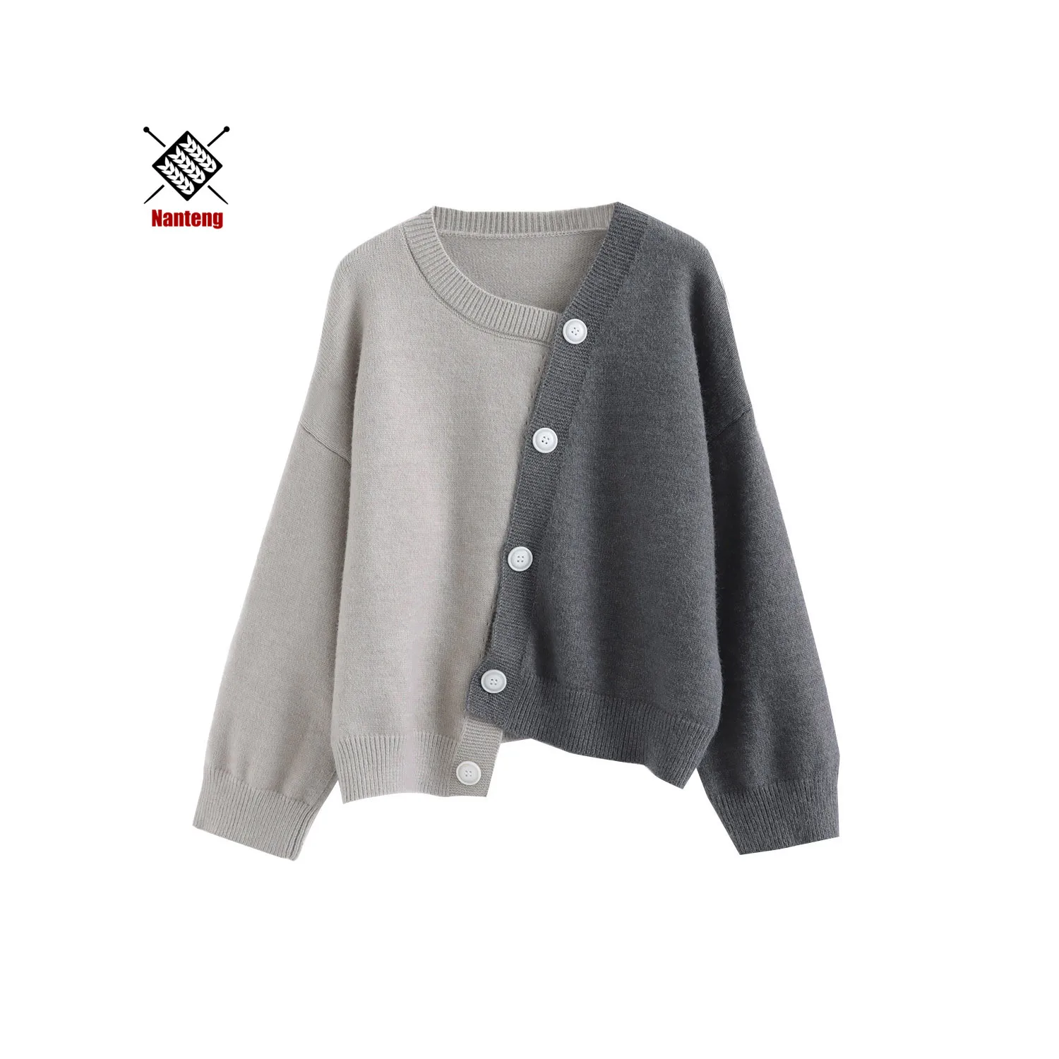 

New Design Button Long Sleeve Color Block Woman Cardigan Patchwork Sweater