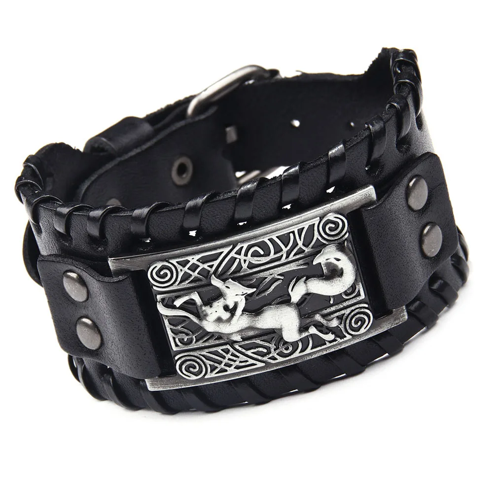 

Hot selling retro Nordic Viking leather metal exaggerated texture punk wide leather bracelet, Picture shows