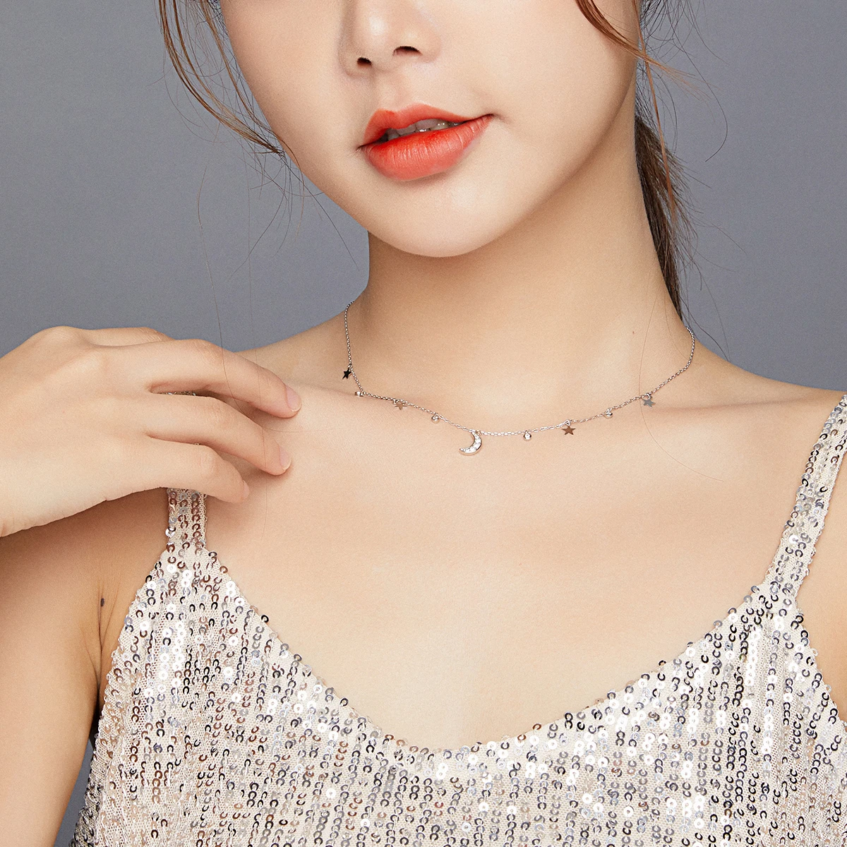 

Good Quality 925 Silver Moon And Star Link Chain Pendant Statement Necklace