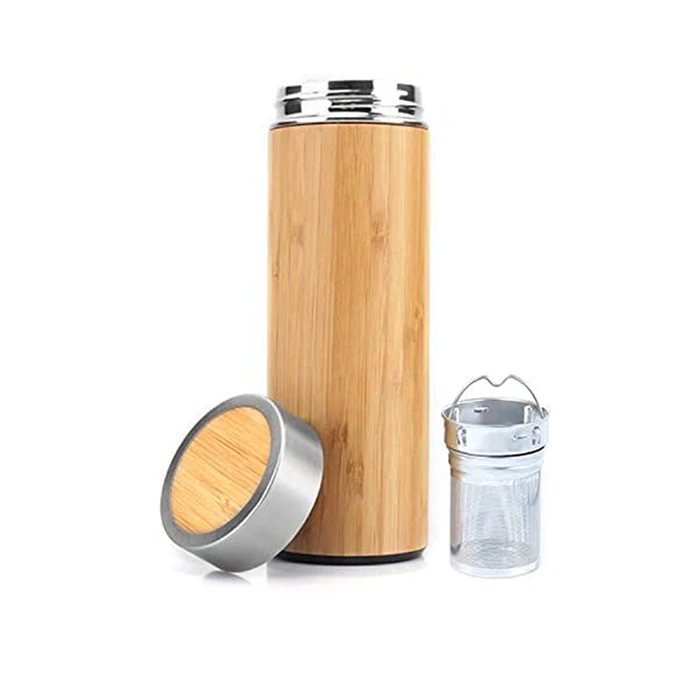 

Premium Vacuum Insulated Travel Tea Mug Original Bamboo Tumbler with Tea Infuser & Strainer